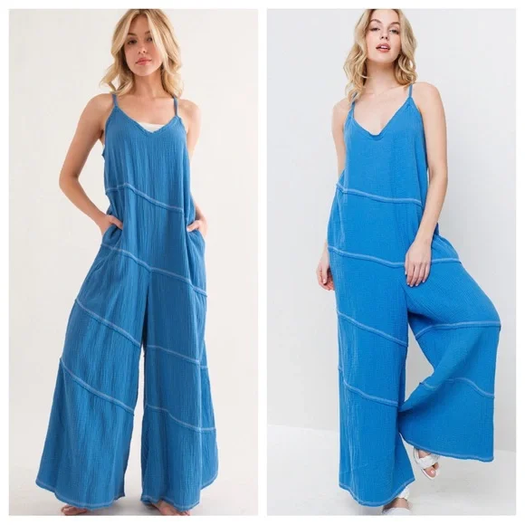 72 Boho Spaghetti Straps Contrast Stitch Jumpsuit - Picture 2 of 4